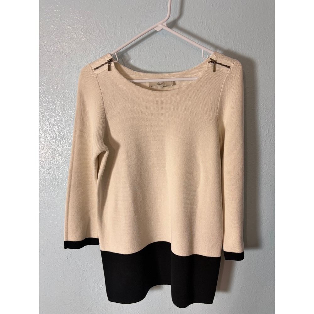 Loft Womens S Colorblock Cotton Sweater Cream Black Zipper Shoulder Minimalist